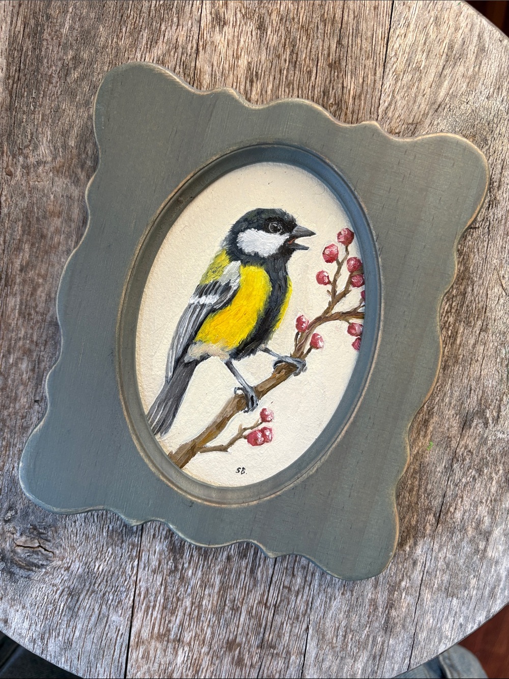 Original oil painting of a Yellow Songbird Wall Art in Green Frame